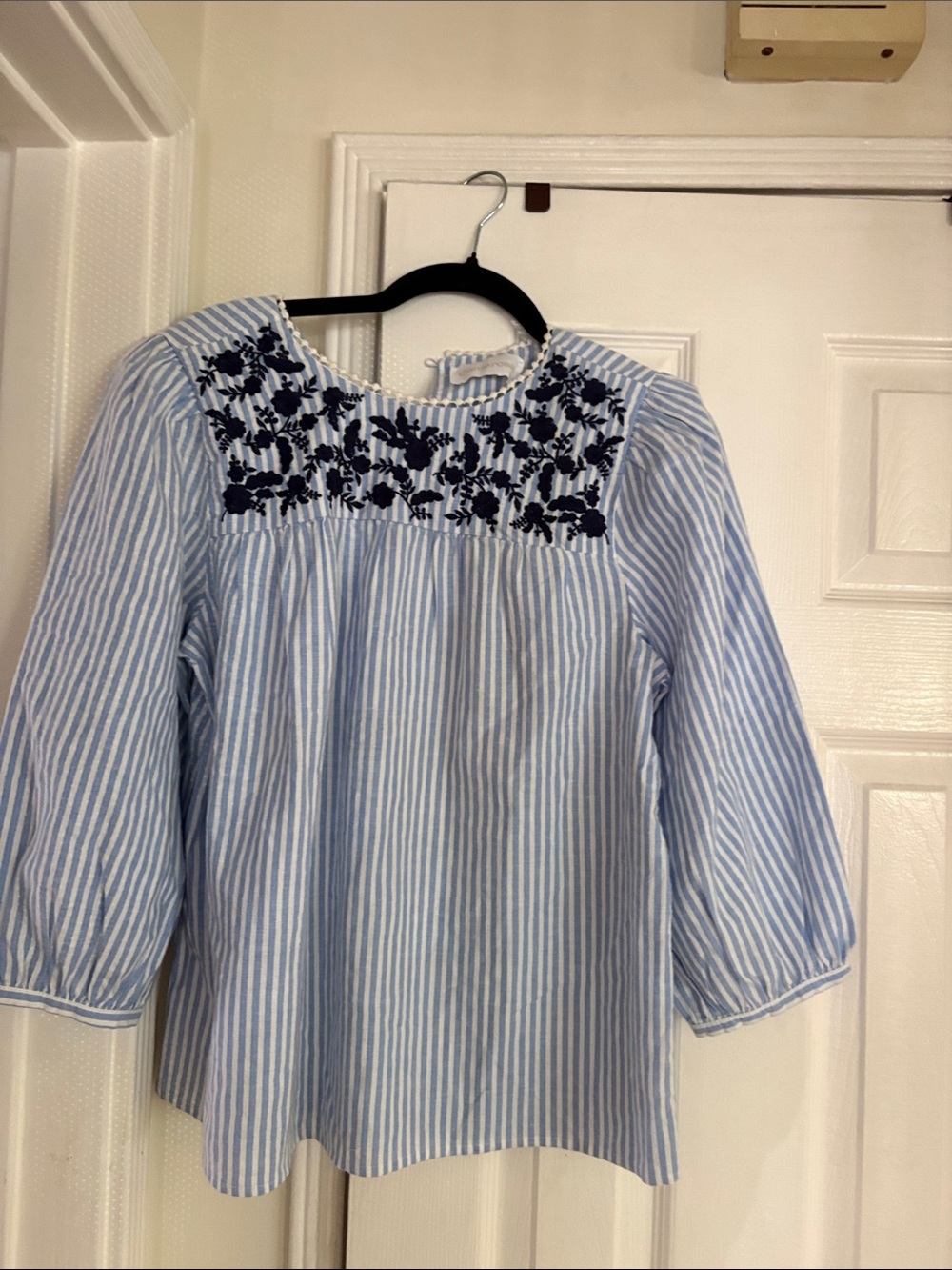 Striped Embroidered Peasant Blouse - Blue & White